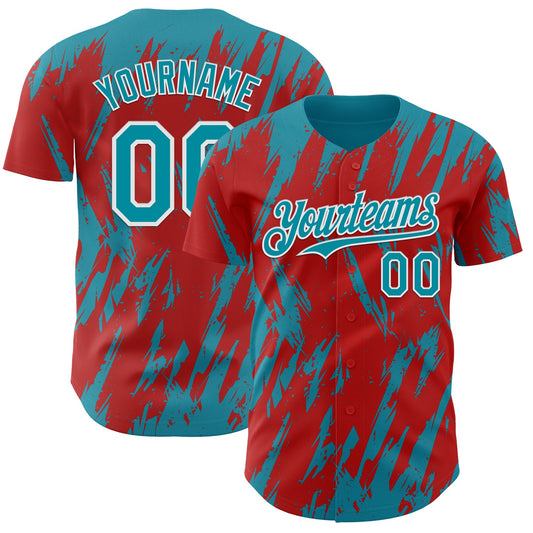 Custom Red Teal-White Splatter Torn Sharp Brush Stroke Authentic Baseball Jersey - Main View