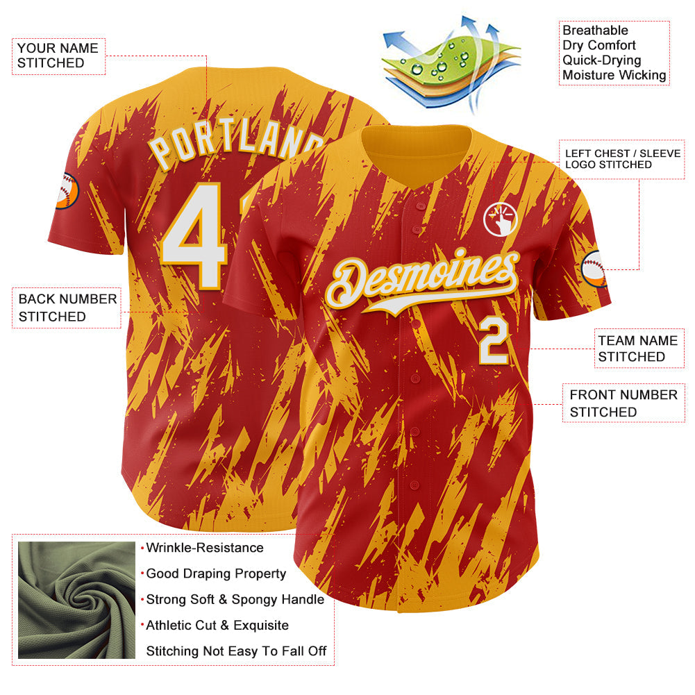 Custom Red White-Gold Splatter Torn Sharp Brush Stroke Authentic Baseball Jersey view 3