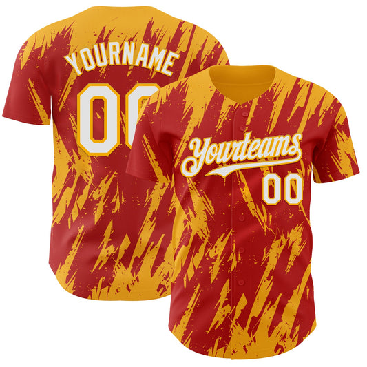 Custom Red White-Gold Splatter Torn Sharp Brush Stroke Authentic Baseball Jersey - Main View