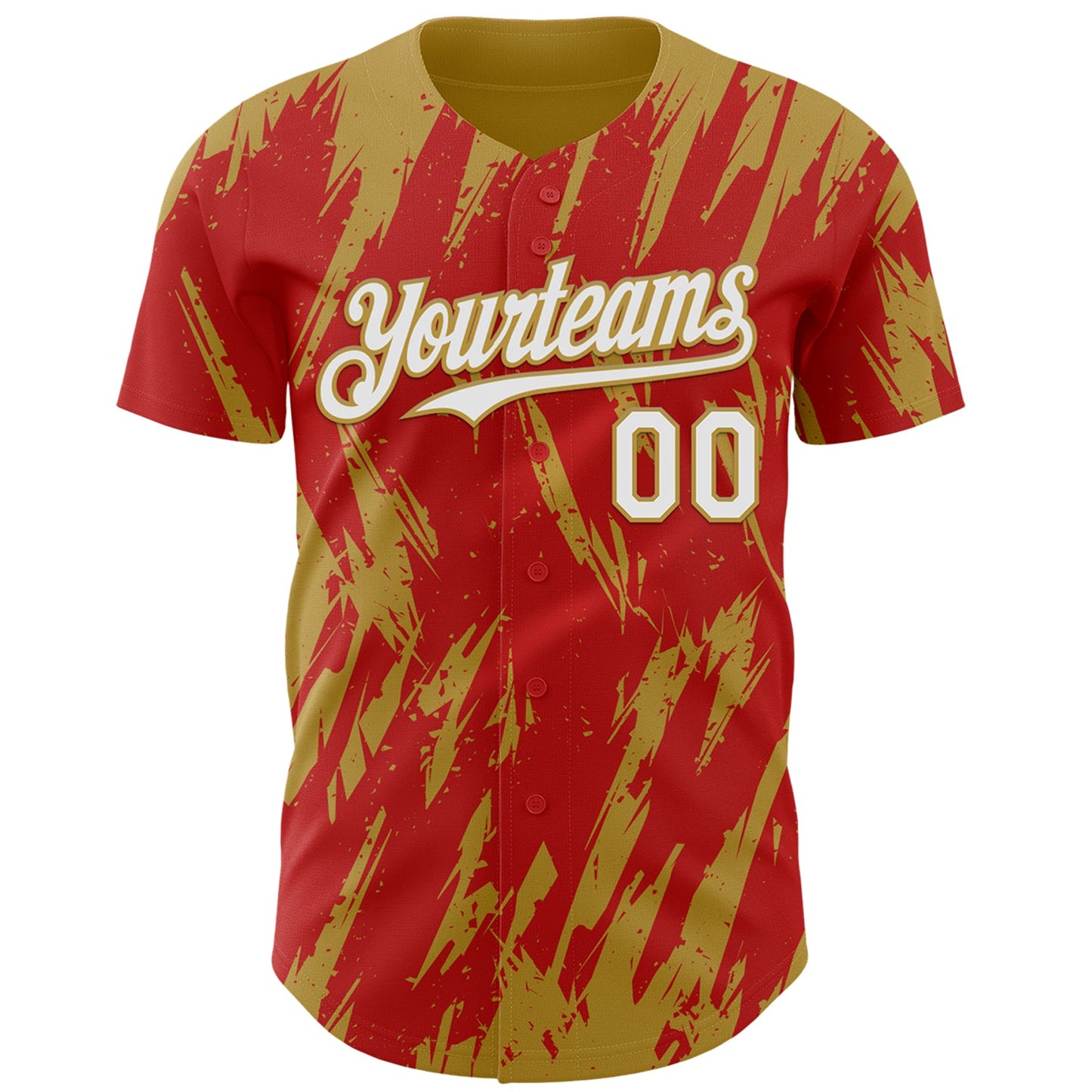 Custom Red White-Old Gold Splatter Torn Sharp Brush Stroke Authentic Baseball Jersey view 2
