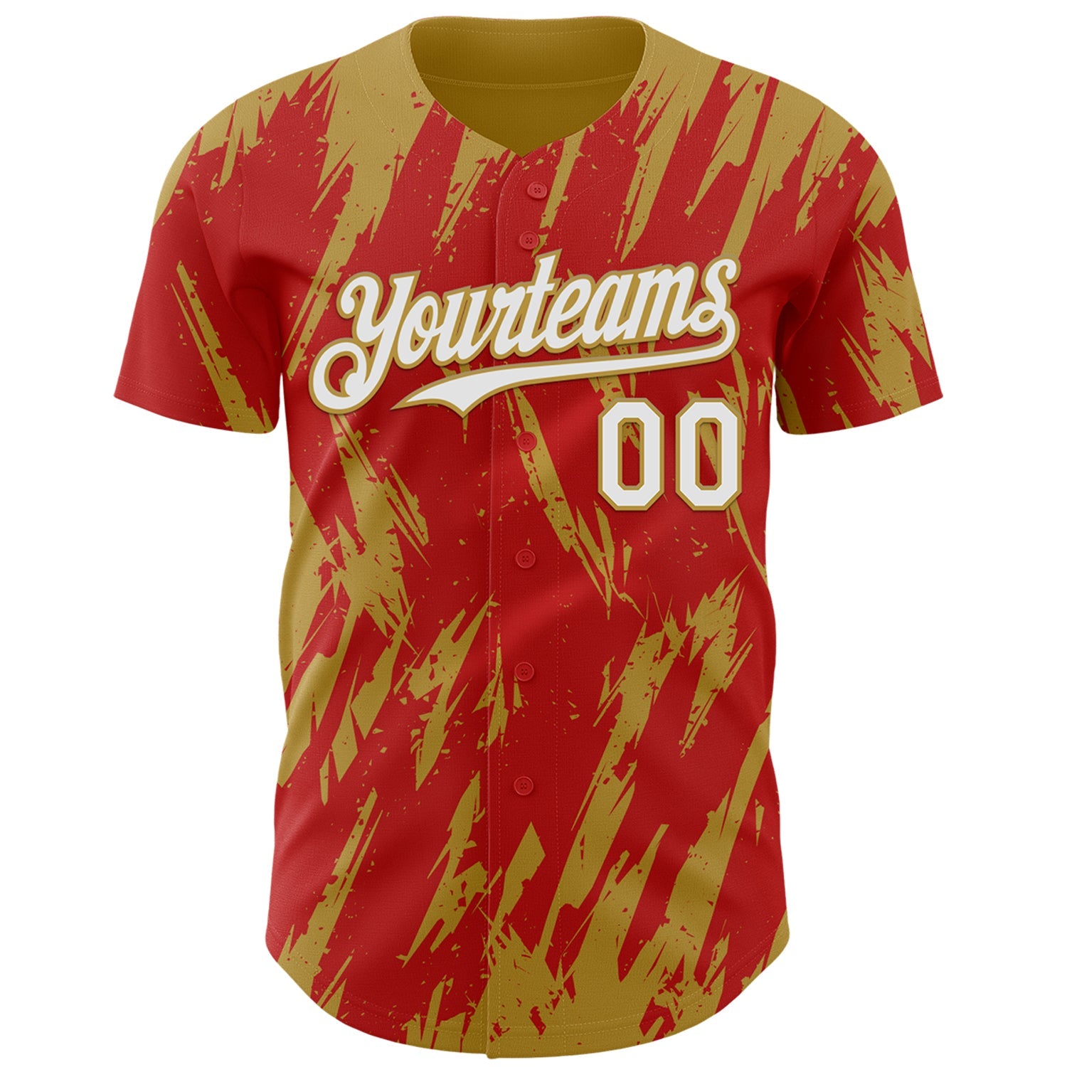 Custom Red White-Old Gold Splatter Torn Sharp Brush Stroke Authentic Baseball Jersey view 2