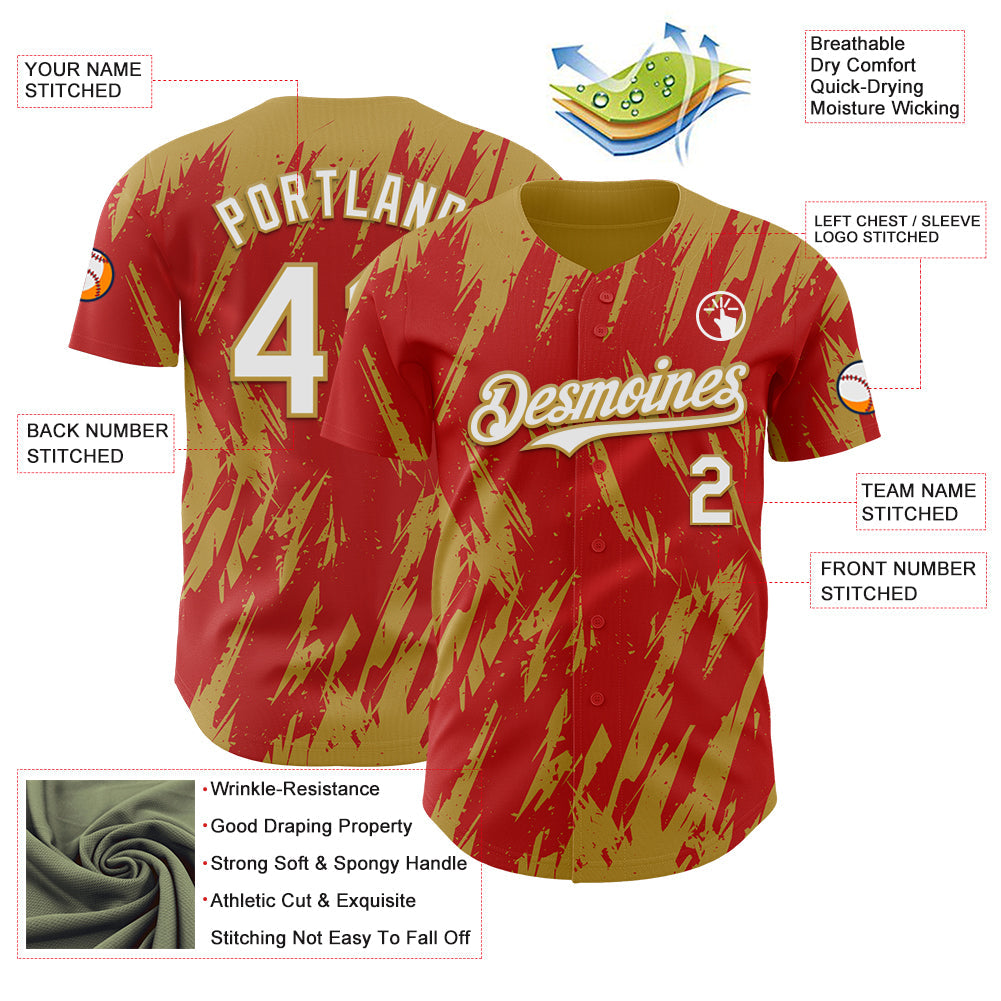 Custom Red White-Old Gold Splatter Torn Sharp Brush Stroke Authentic Baseball Jersey view 3