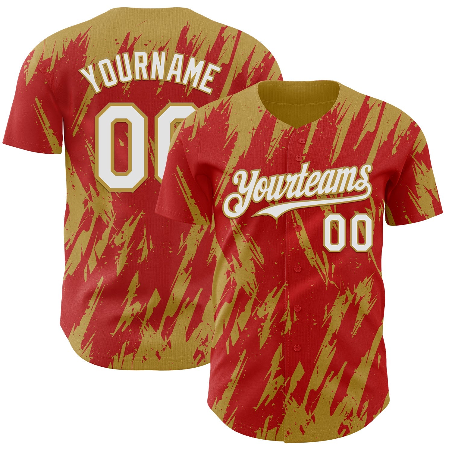 Custom Red White-Old Gold Splatter Torn Sharp Brush Stroke Authentic Baseball Jersey - Main View