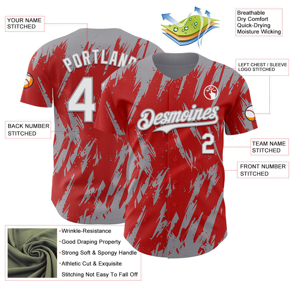 Custom Red White-Gray Splatter Torn Sharp Brush Stroke Authentic Baseball Jersey view 3
