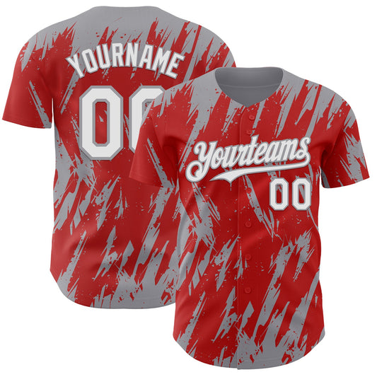 Custom Red White-Gray Splatter Torn Sharp Brush Stroke Authentic Baseball Jersey - Main View