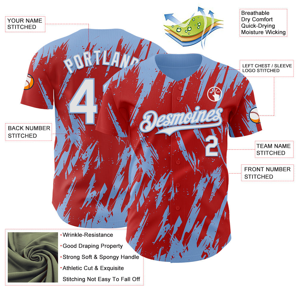Custom Red White-Light Blue Splatter Torn Sharp Brush Stroke Authentic Baseball Jersey view 3