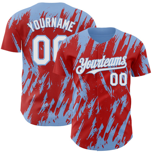 Custom Red White-Light Blue Splatter Torn Sharp Brush Stroke Authentic Baseball Jersey - Main View