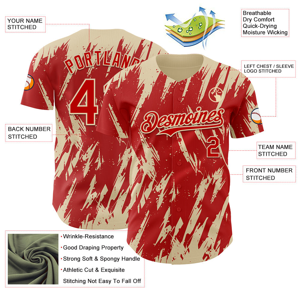 Custom Red Cream Splatter Torn Sharp Brush Stroke Authentic Baseball Jersey view 3
