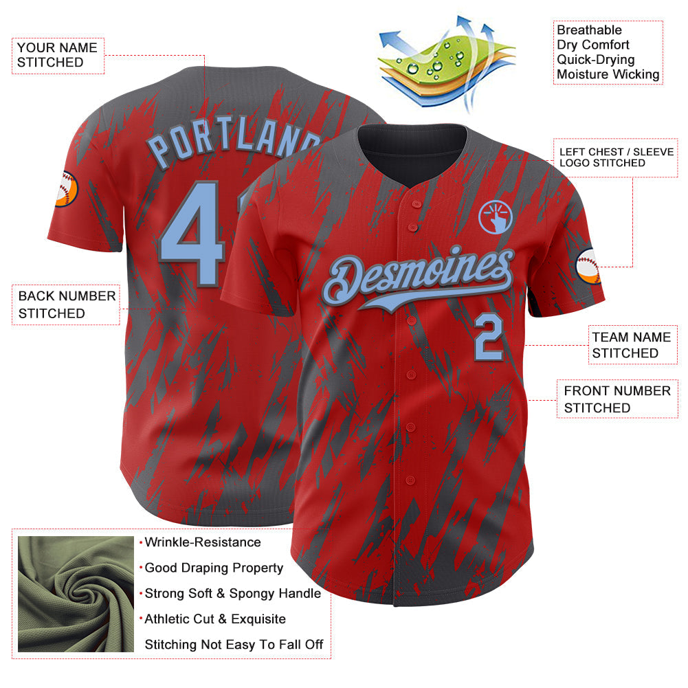 Custom Red Light Blue-Steel Gray Splatter Torn Sharp Brush Stroke Authentic Baseball Jersey view 3