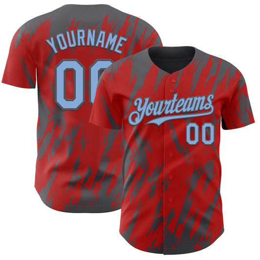 Custom Red Light Blue-Steel Gray Splatter Torn Sharp Brush Stroke Authentic Baseball Jersey - Main View