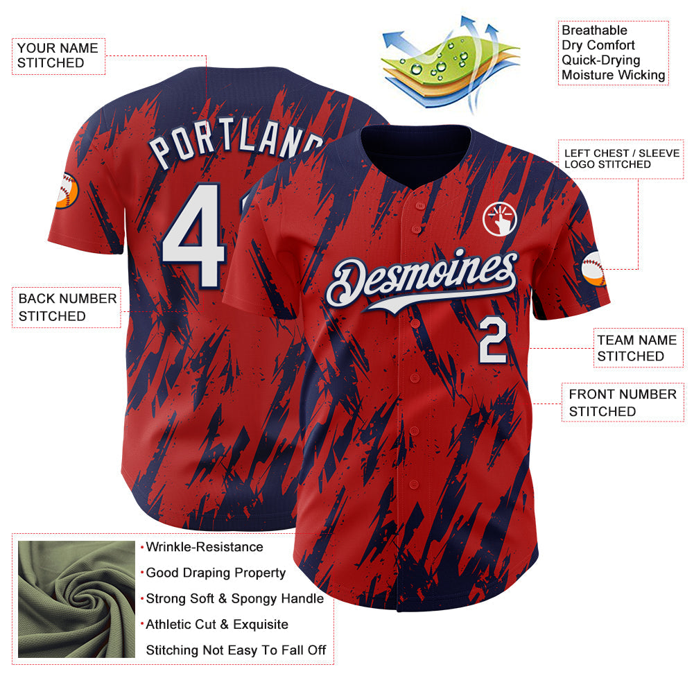 Custom Red White-Navy Splatter Torn Sharp Brush Stroke Authentic Baseball Jersey view 3
