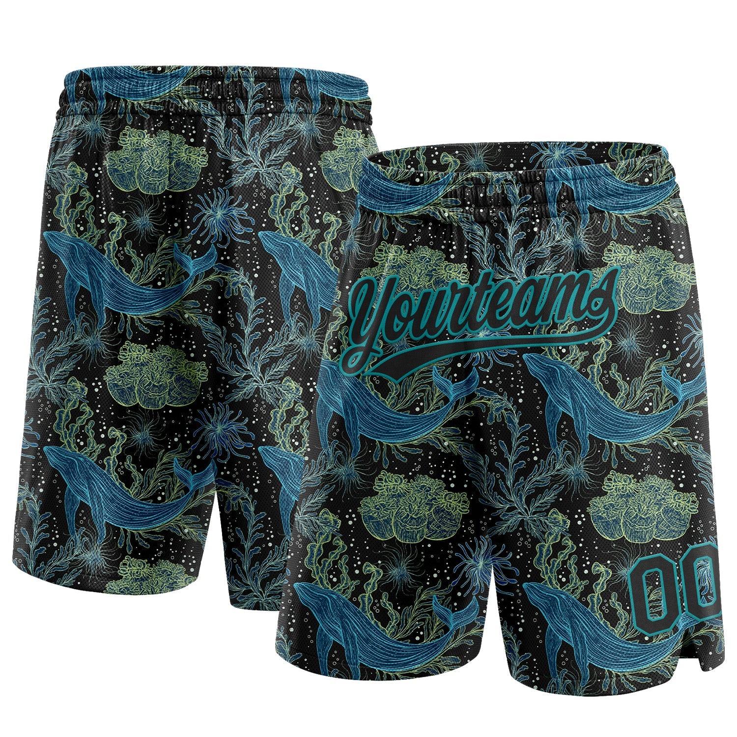 Custom Black Black-Teal 3D Pattern Whale And Fish Authentic Basketball Shorts - Main View