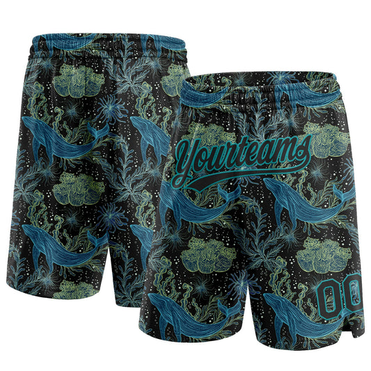 Custom Black Black-Teal 3D Pattern Whale And Fish Authentic Basketball Shorts - Main View