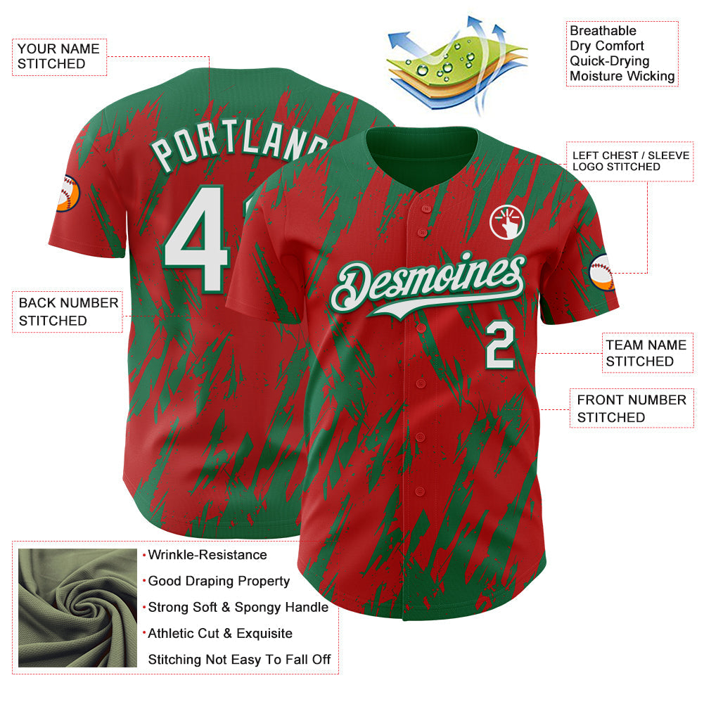 Custom Red White-Kelly Green Splatter Torn Sharp Brush Stroke Authentic Baseball Jersey view 3