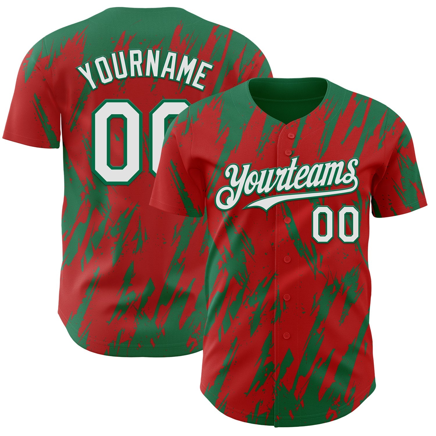 Custom Red White-Kelly Green Splatter Torn Sharp Brush Stroke Authentic Baseball Jersey - Main View