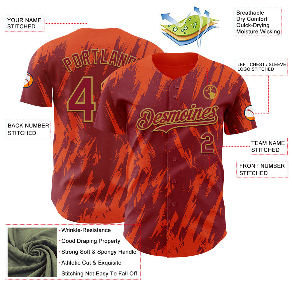 Custom Crimson Old Gold-Orange Splatter Torn Sharp Brush Stroke Authentic Baseball Jersey view 3