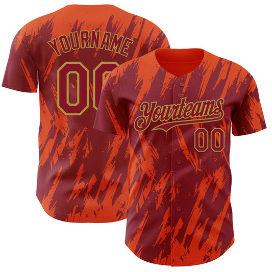 Custom Crimson Old Gold-Orange Splatter Torn Sharp Brush Stroke Authentic Baseball Jersey - Main View
