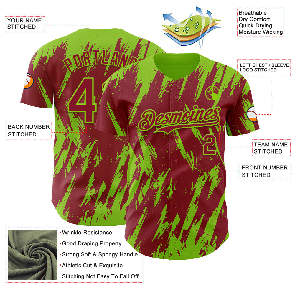 Custom Crimson Neon Green Splatter Torn Sharp Brush Stroke Authentic Baseball Jersey view 3