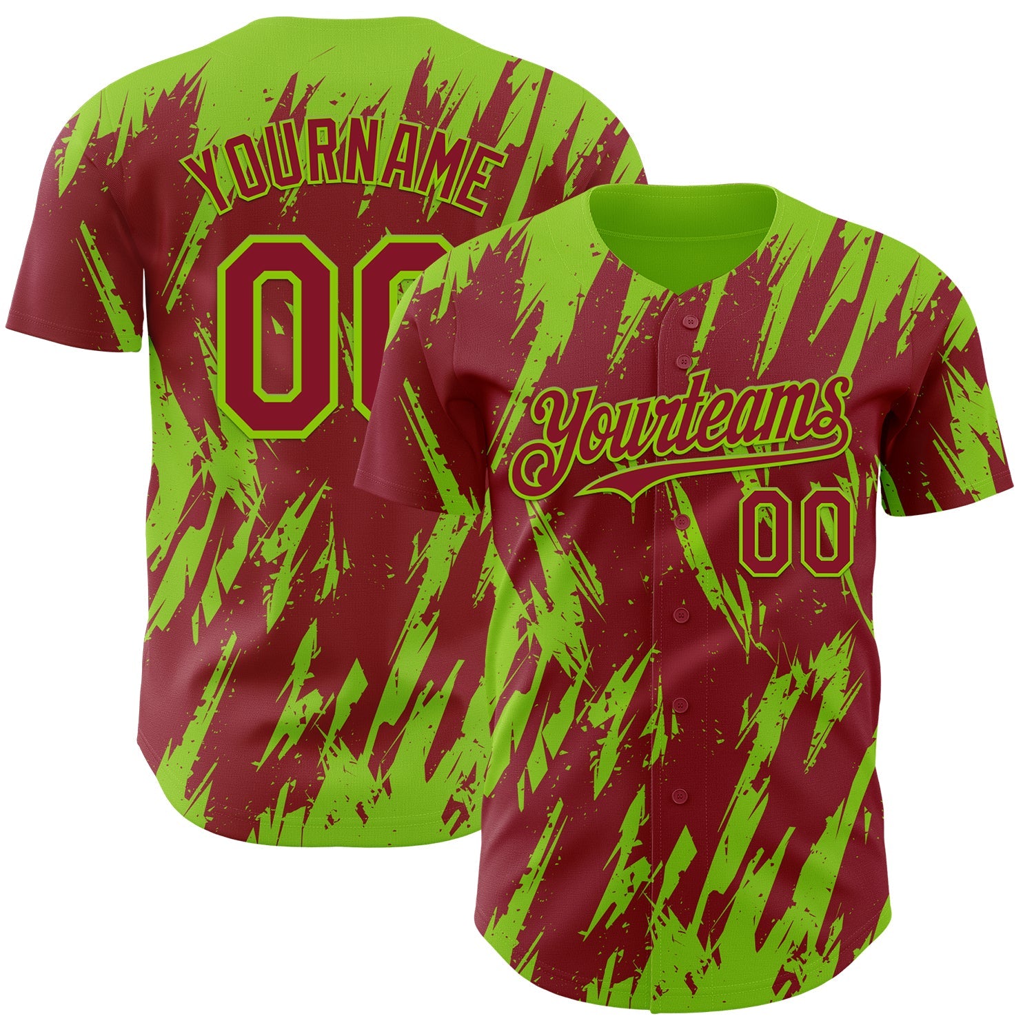Custom Crimson Neon Green Splatter Torn Sharp Brush Stroke Authentic Baseball Jersey - Main View