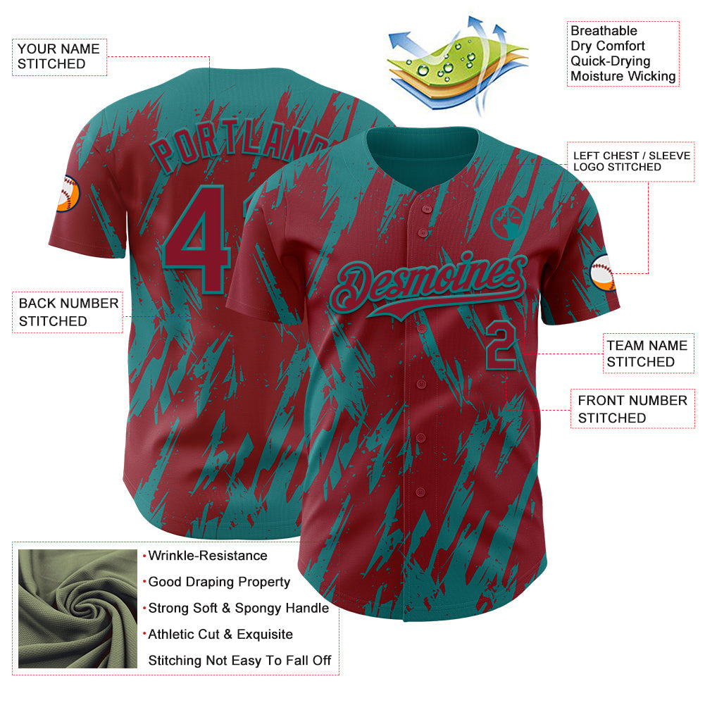 Custom Crimson Teal Splatter Torn Sharp Brush Stroke Authentic Baseball Jersey view 3