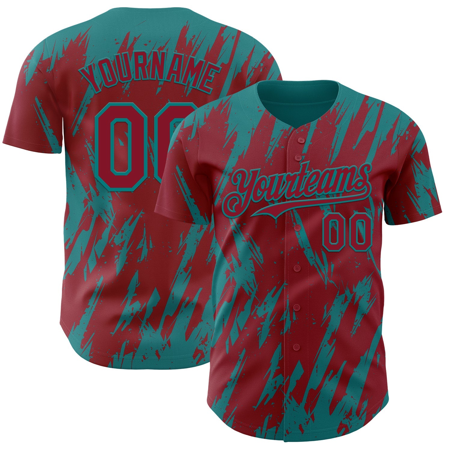 Custom Crimson Teal Splatter Torn Sharp Brush Stroke Authentic Baseball Jersey - Main View