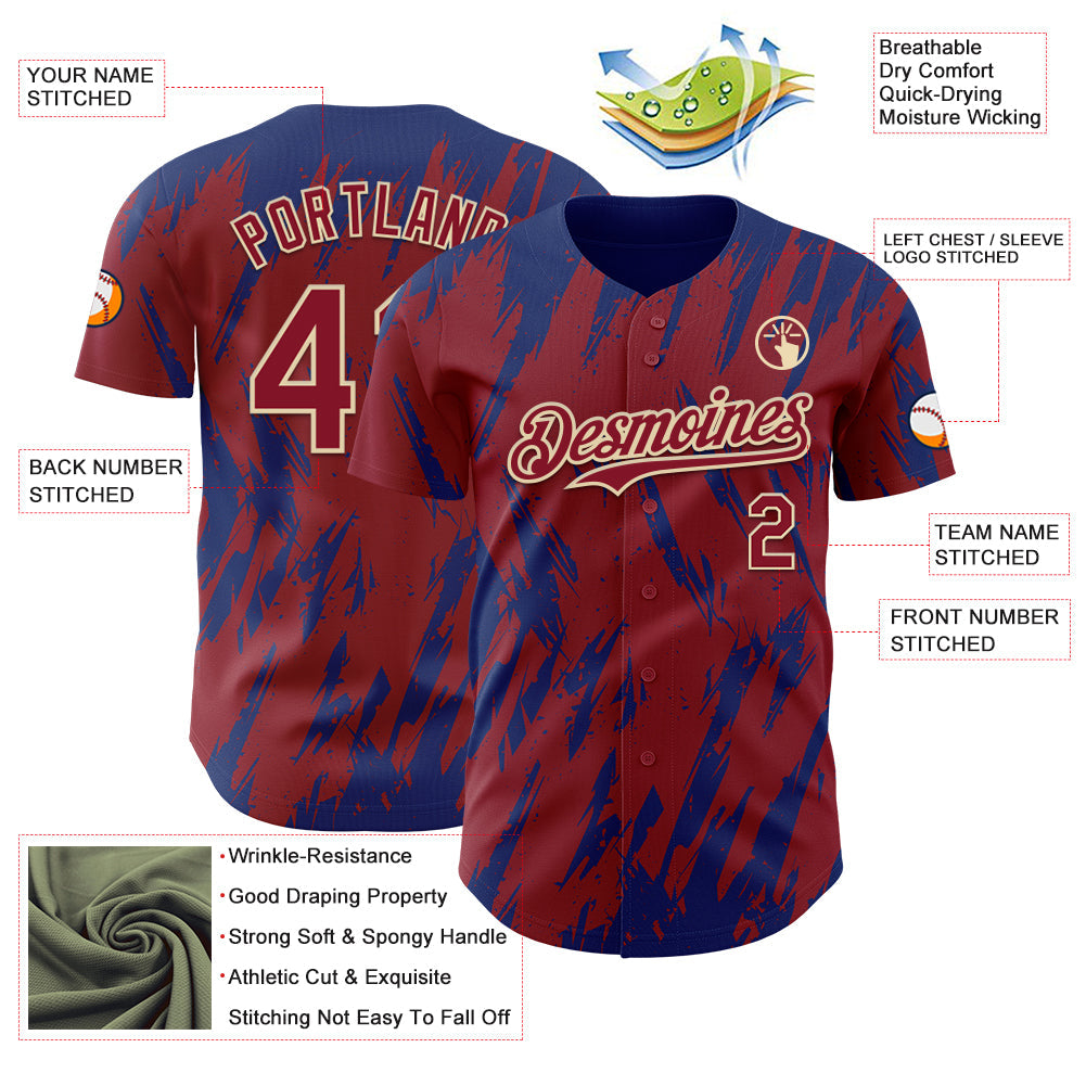 Custom Crimson Cream-Royal Splatter Torn Sharp Brush Stroke Authentic Baseball Jersey view 3