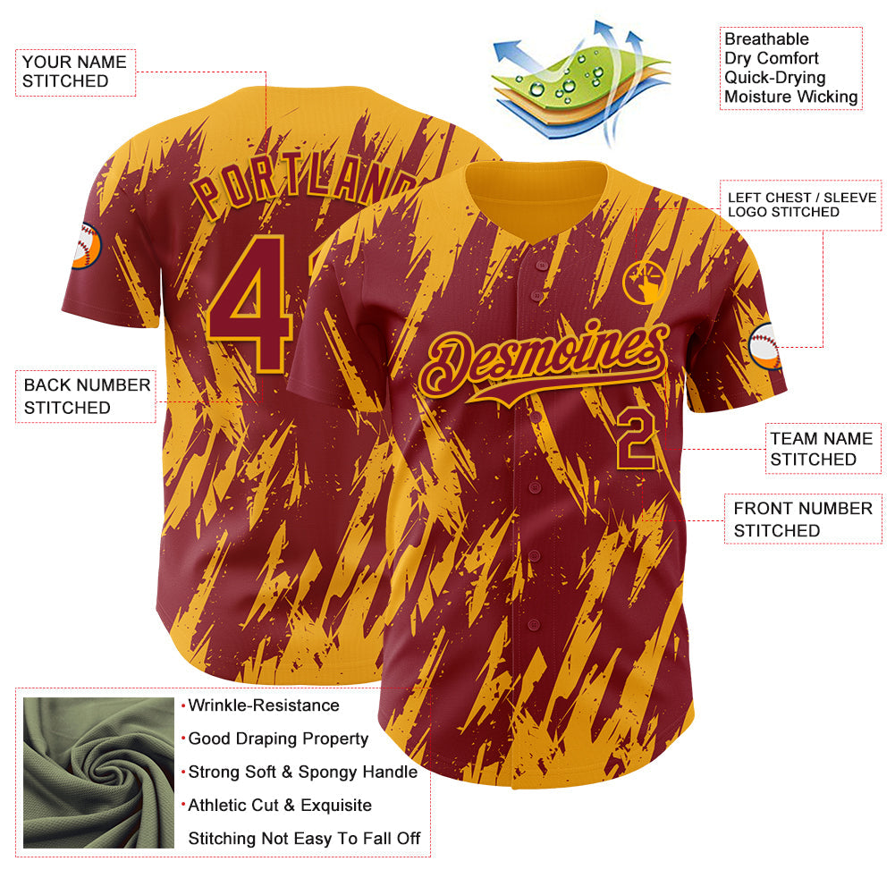 Custom Crimson Gold Splatter Torn Sharp Brush Stroke Authentic Baseball Jersey view 3