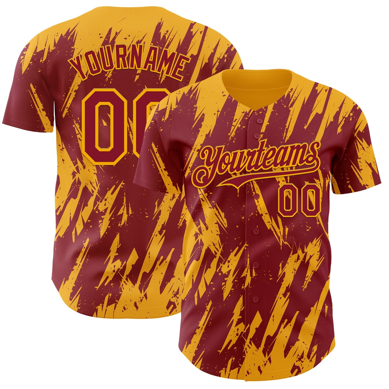 Custom Crimson Gold Splatter Torn Sharp Brush Stroke Authentic Baseball Jersey - Main View