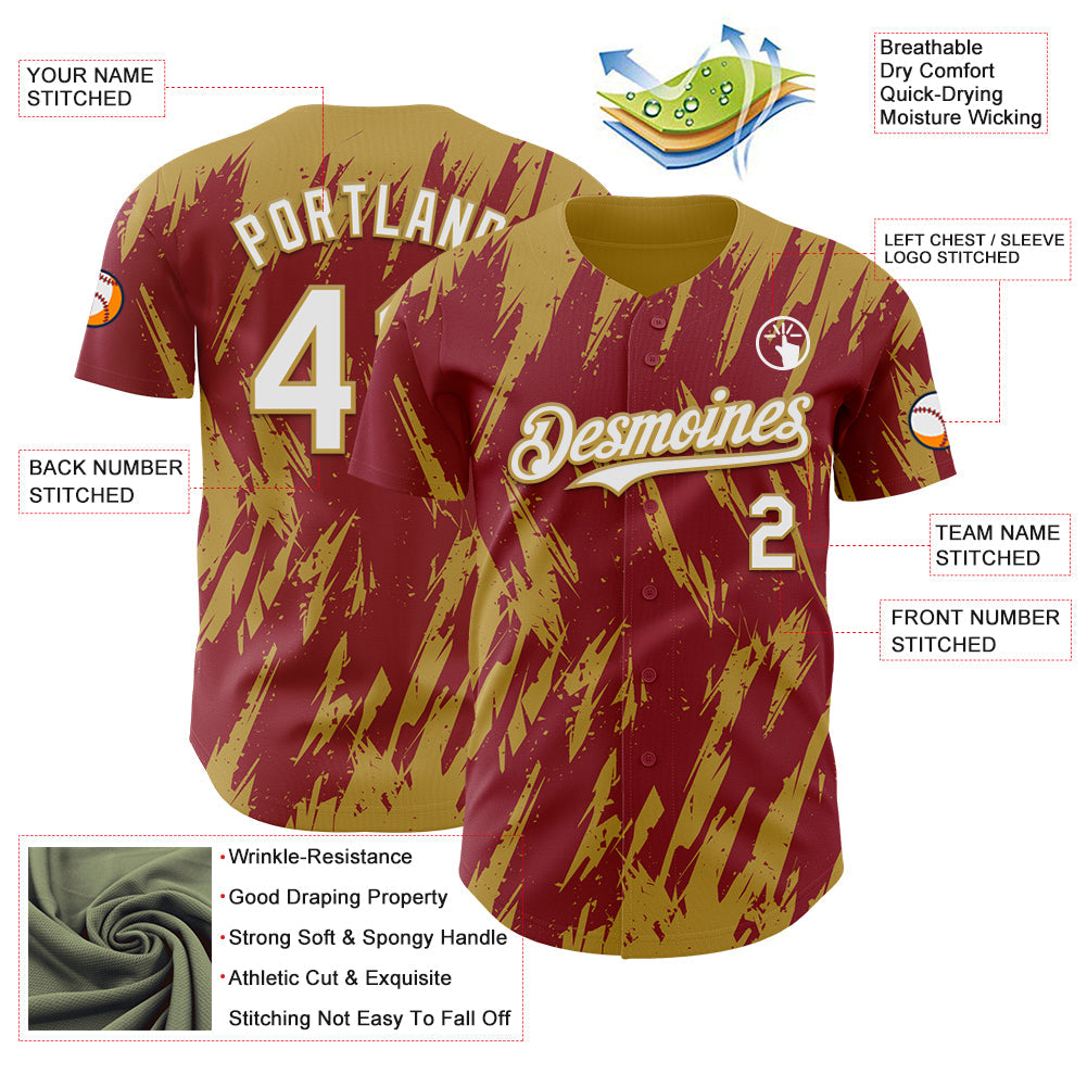 Custom Crimson White-Old Gold Splatter Torn Sharp Brush Stroke Authentic Baseball Jersey view 3