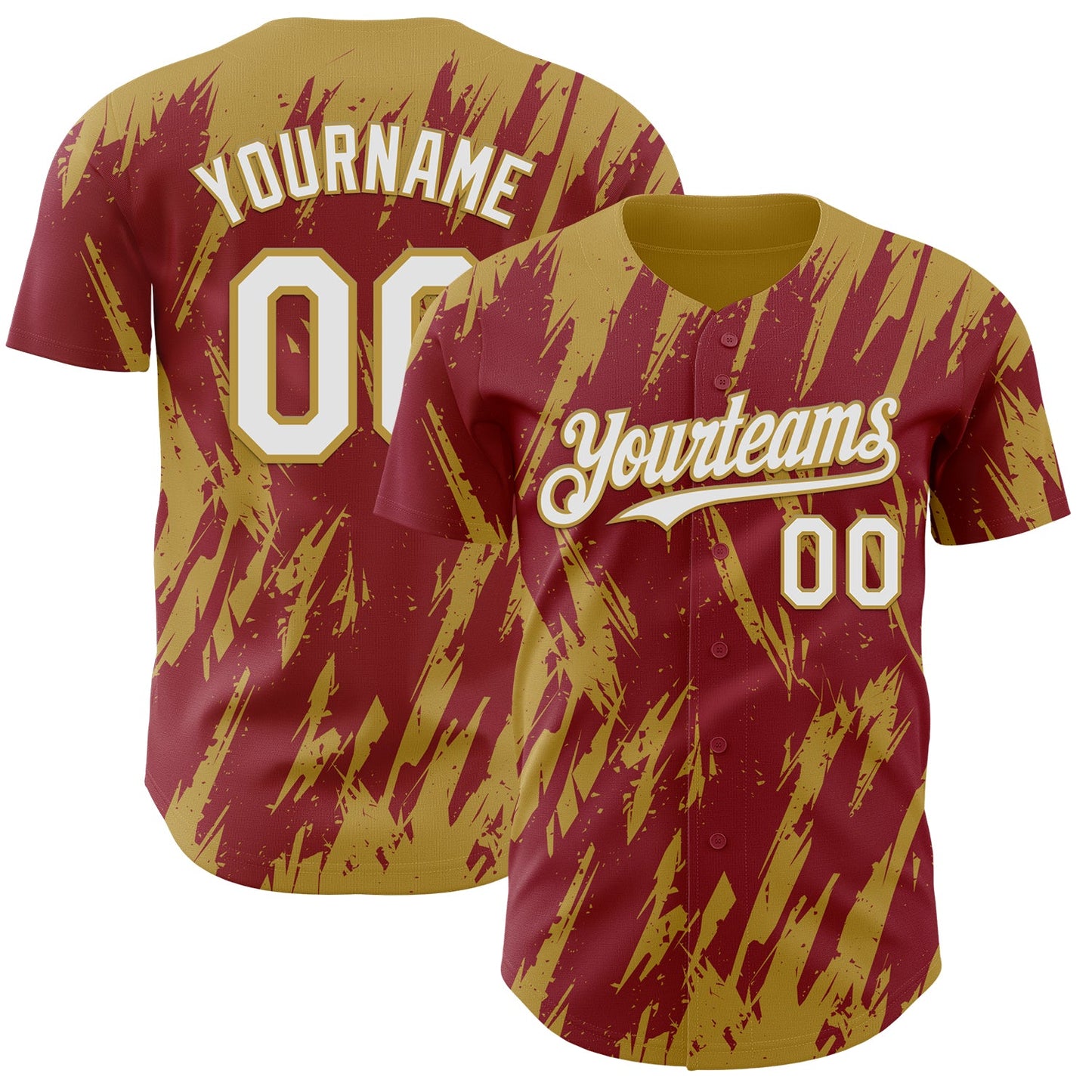Custom Crimson White-Old Gold Splatter Torn Sharp Brush Stroke Authentic Baseball Jersey - Main View