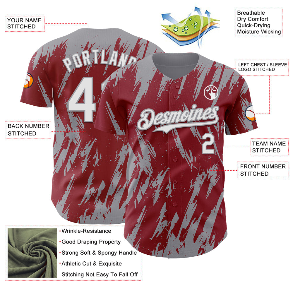 Custom Crimson White-Gray Splatter Torn Sharp Brush Stroke Authentic Baseball Jersey view 3