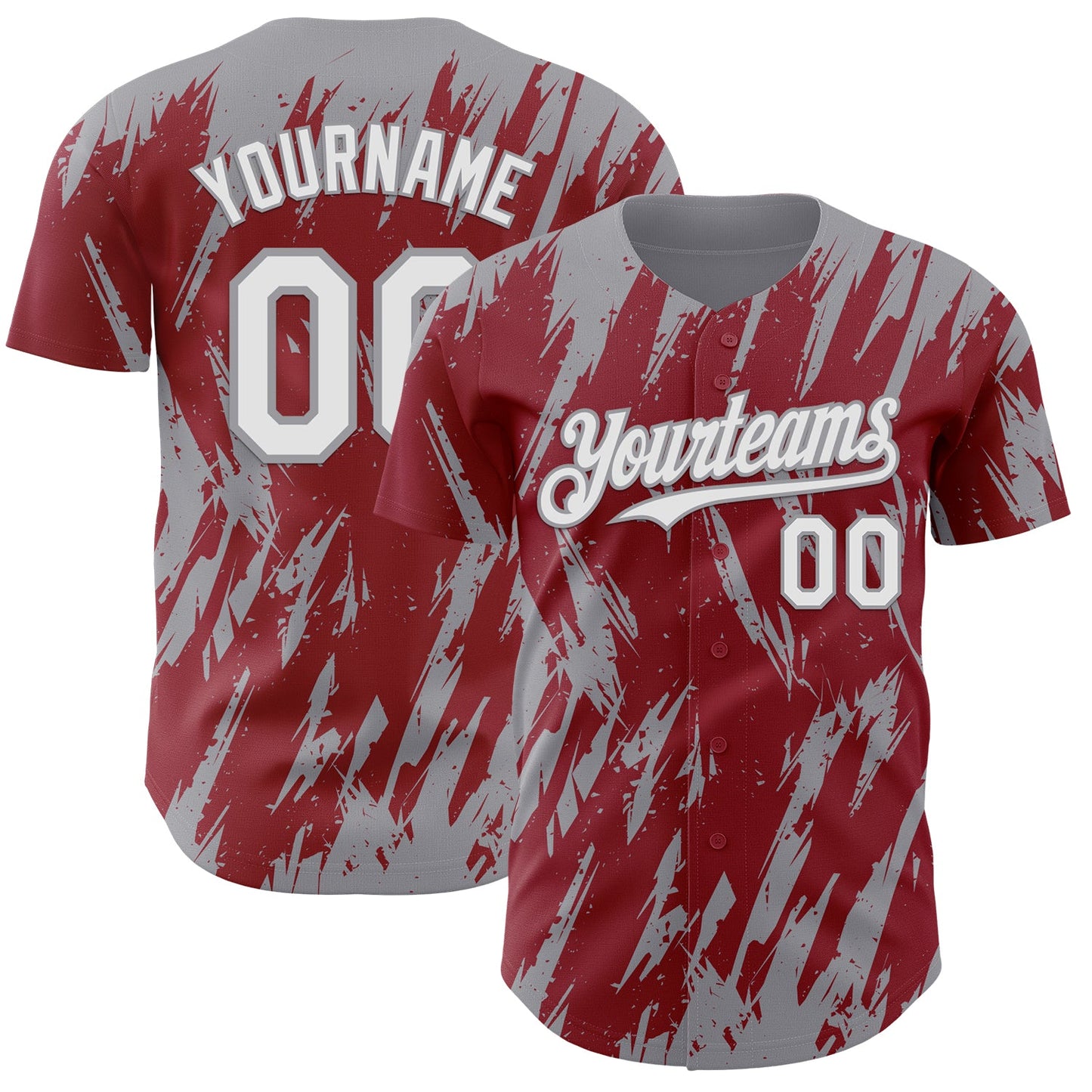 Custom Crimson White-Gray Splatter Torn Sharp Brush Stroke Authentic Baseball Jersey - Main View