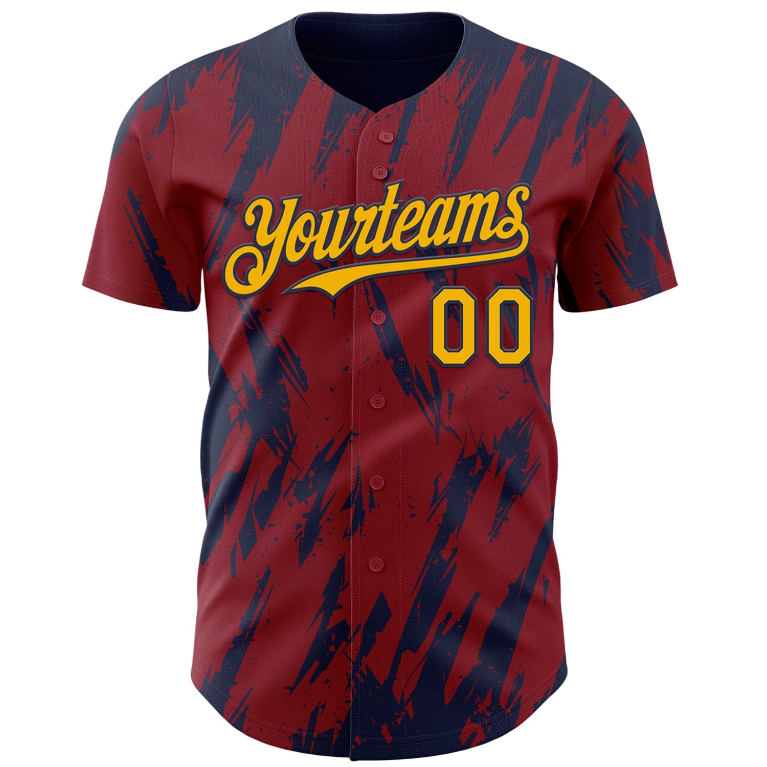 Custom Crimson Gold-Navy Splatter Torn Sharp Brush Stroke Authentic Baseball Jersey view 2