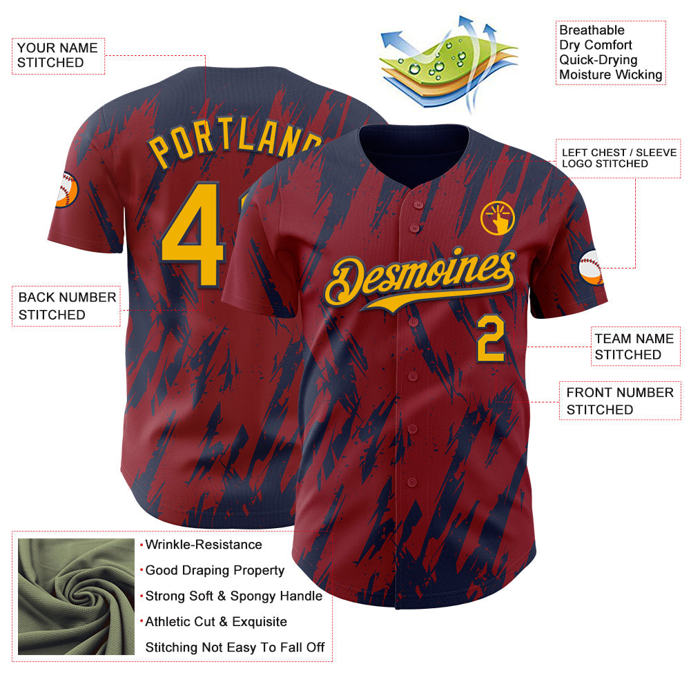 Custom Crimson Gold-Navy Splatter Torn Sharp Brush Stroke Authentic Baseball Jersey view 3