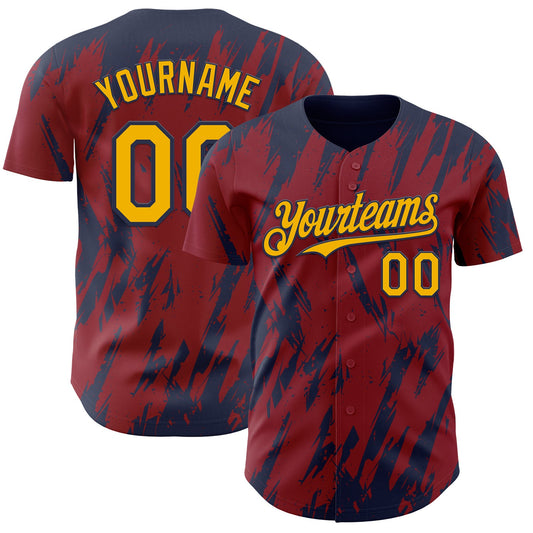 Custom Crimson Gold-Navy Splatter Torn Sharp Brush Stroke Authentic Baseball Jersey - Main View