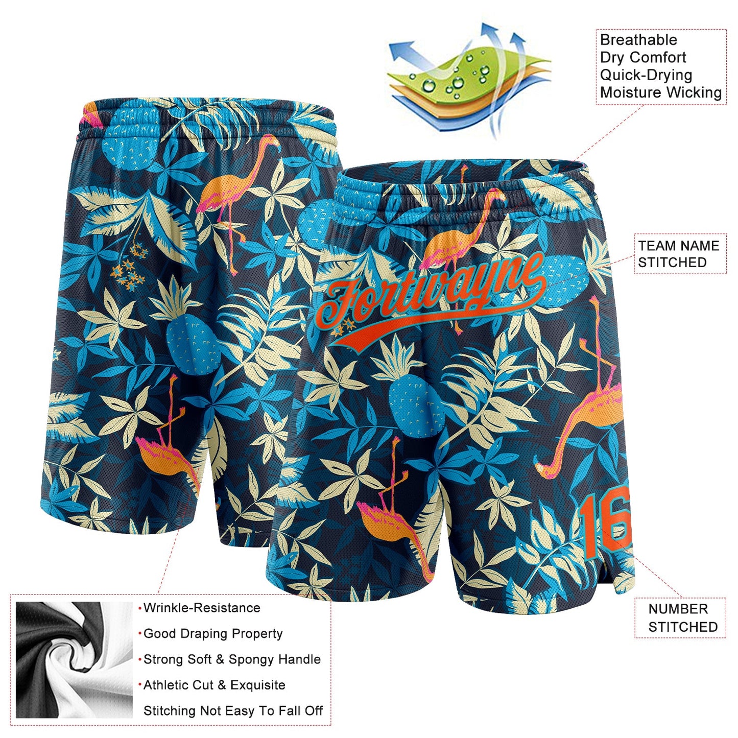 Custom Black Orange-Lakes Blue 3D Pattern Hawaii Palm Leaves And Flamingo Authentic Basketball Shorts view 2
