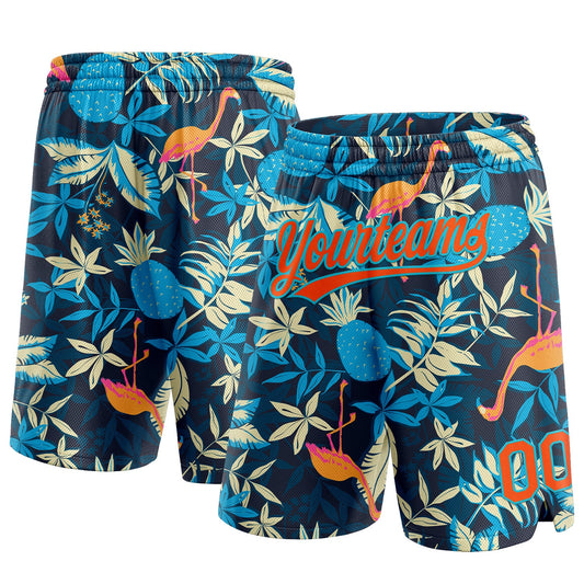 Custom Black Orange-Lakes Blue 3D Pattern Hawaii Palm Leaves And Flamingo Authentic Basketball Shorts - Main View