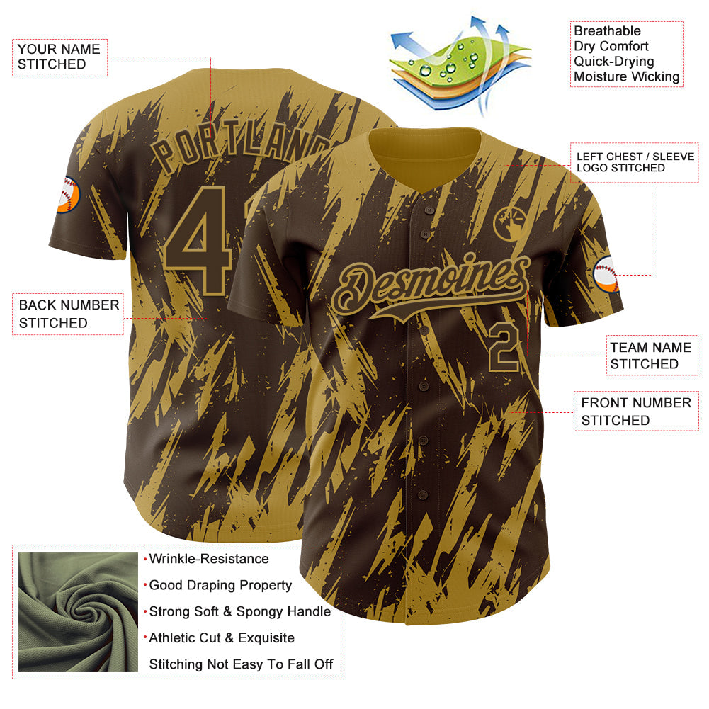 Custom Brown Old Gold Splatter Torn Sharp Brush Stroke Authentic Baseball Jersey view 3
