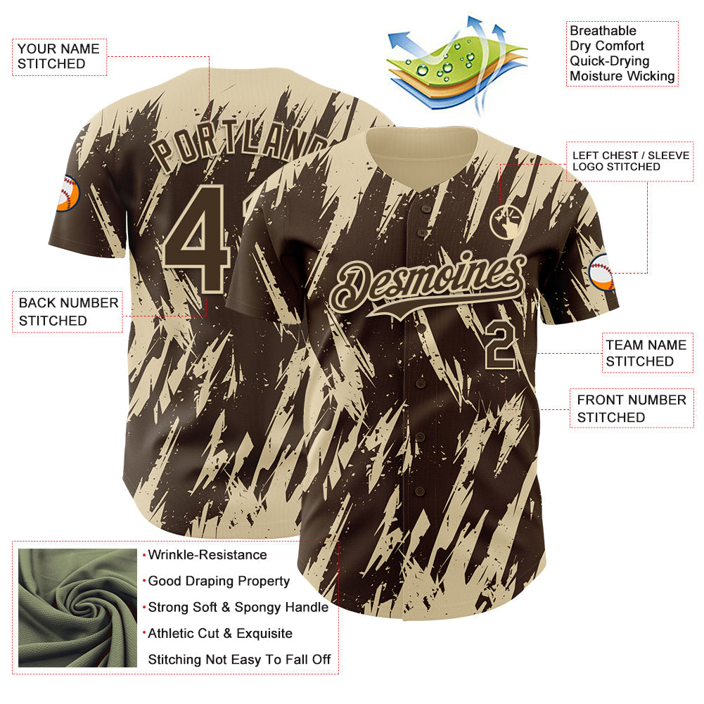Custom Brown Cream Splatter Torn Sharp Brush Stroke Authentic Baseball Jersey view 3