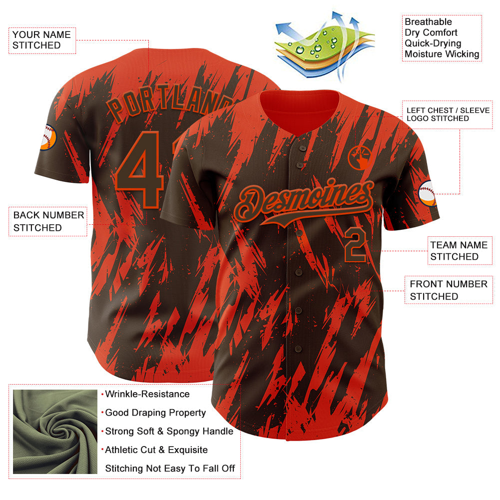 Custom Brown Orange Splatter Torn Sharp Brush Stroke Authentic Baseball Jersey view 3