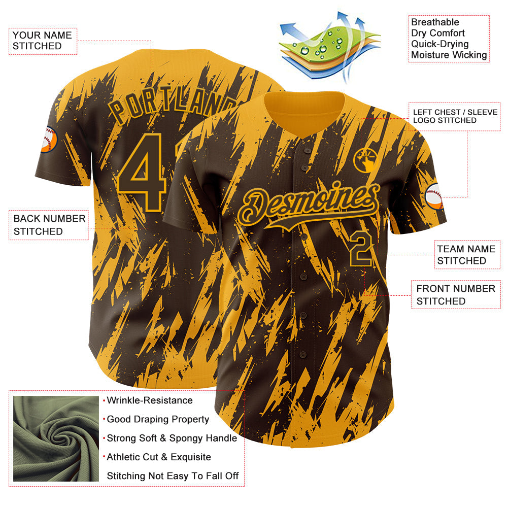 Custom Brown Gold Splatter Torn Sharp Brush Stroke Authentic Baseball Jersey view 3