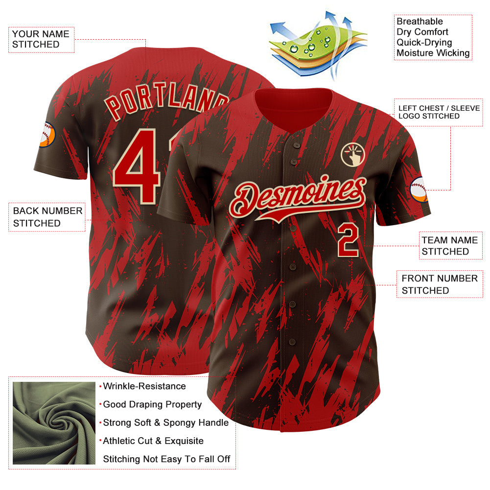 Custom Brown Red-White Splatter Torn Sharp Brush Stroke Authentic Baseball Jersey view 3