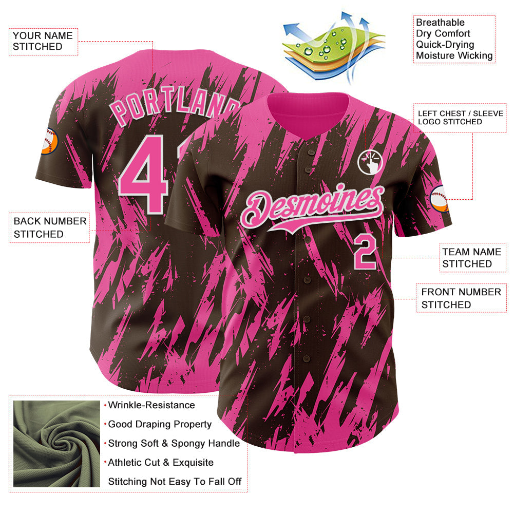 Custom Brown Pink-White Splatter Torn Sharp Brush Stroke Authentic Baseball Jersey view 3