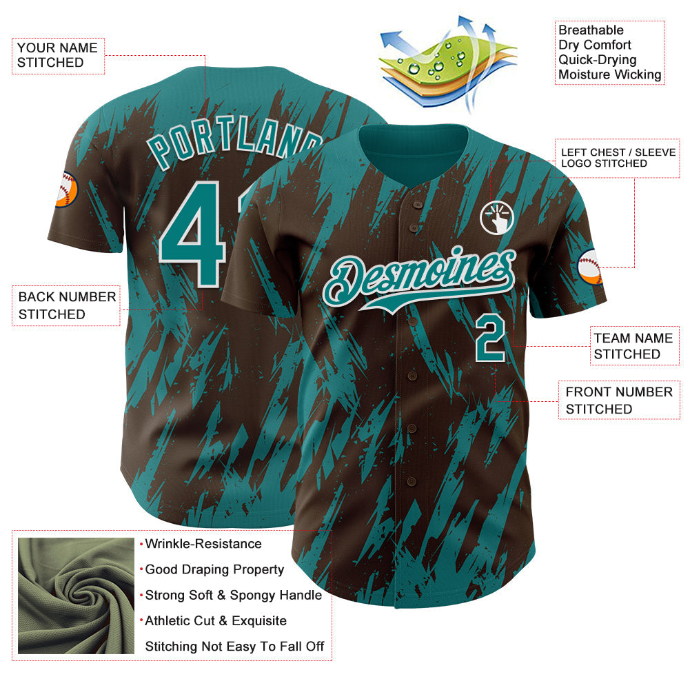 Custom Brown Teal-White Splatter Torn Sharp Brush Stroke Authentic Baseball Jersey view 3