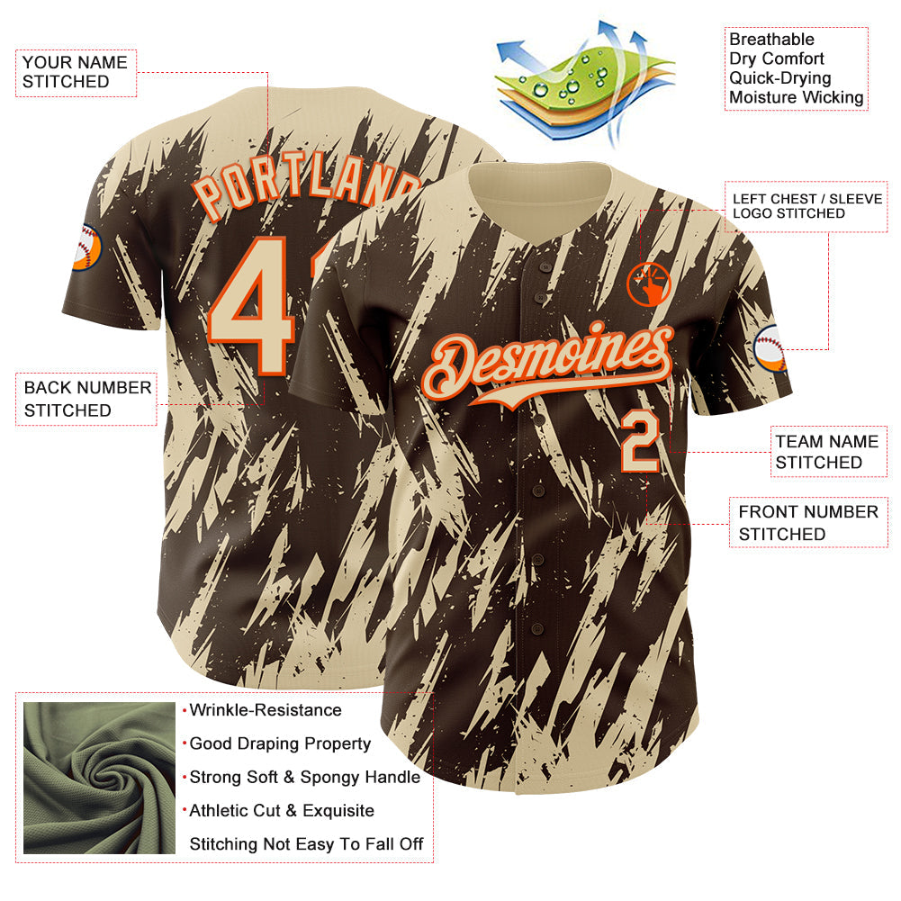 Custom Brown Cream-Orange Splatter Torn Sharp Brush Stroke Authentic Baseball Jersey view 3