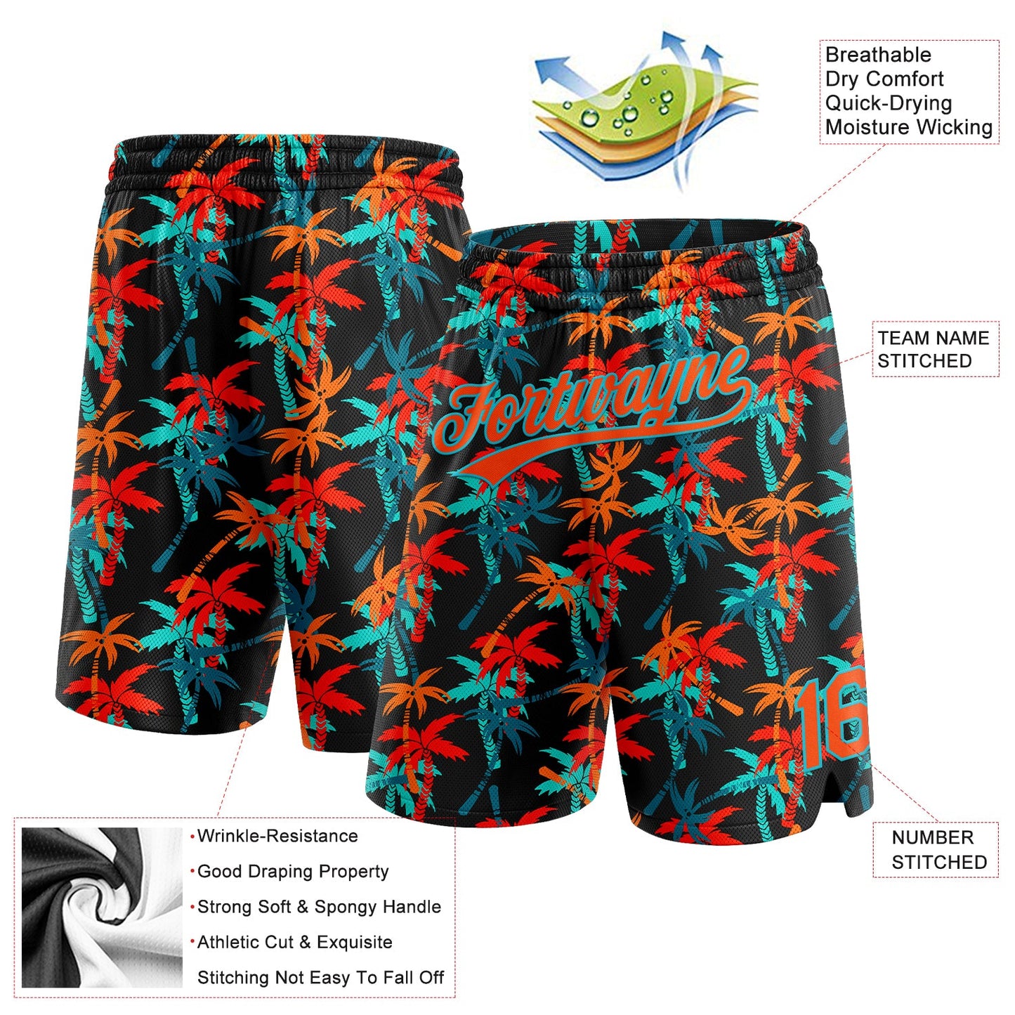 Custom Black Orange-Lakes Blue 3D Pattern Hawaii Coconut Palms Authentic Basketball Shorts view 2
