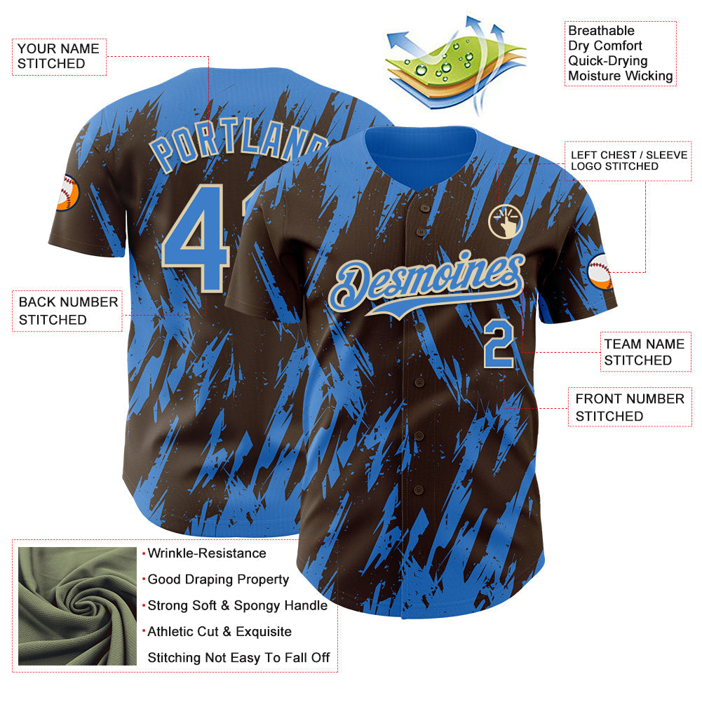 Custom Brown Powder Blue-Cream Splatter Torn Sharp Brush Stroke Authentic Baseball Jersey view 3