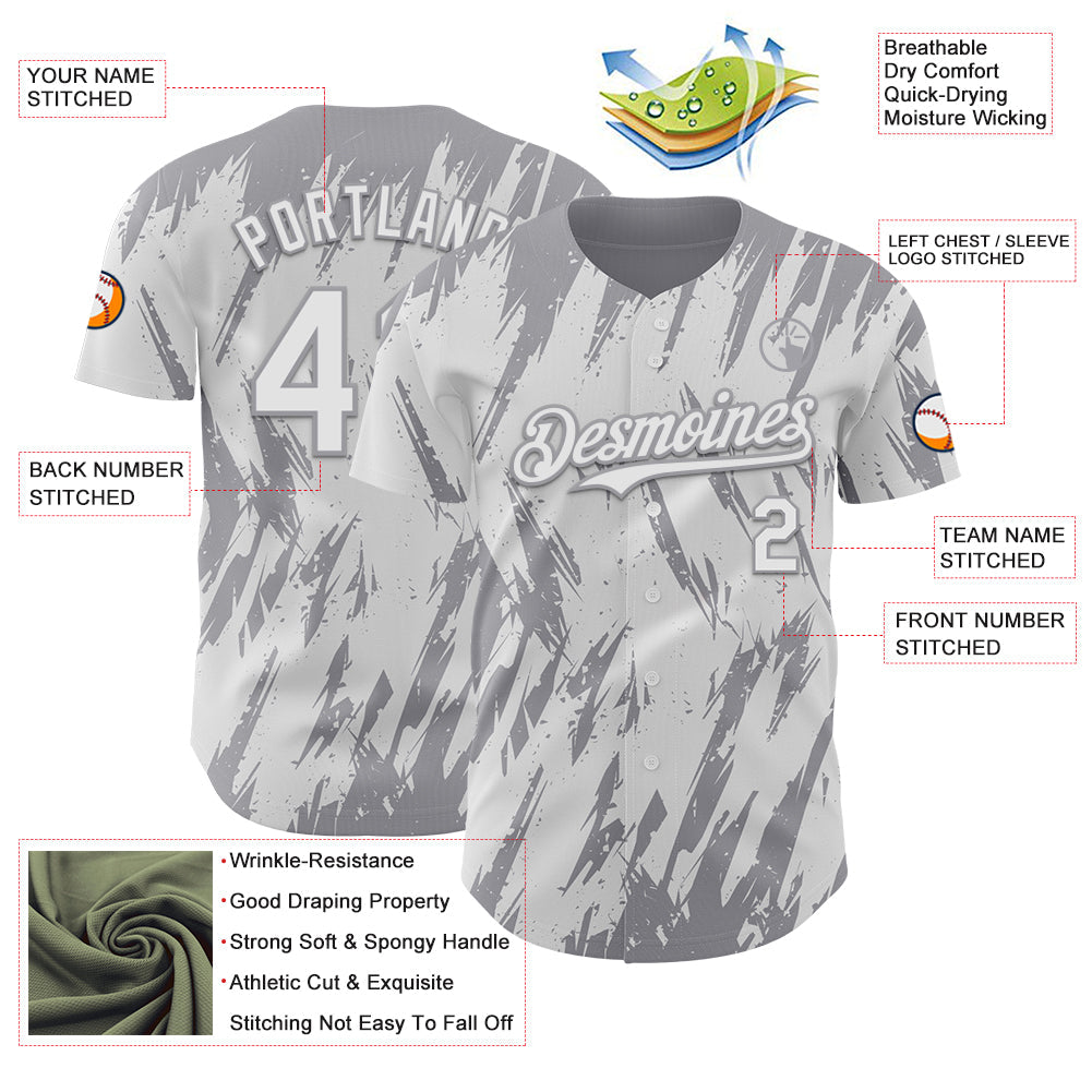 Custom White Gray Splatter Torn Sharp Brush Stroke Authentic Baseball Jersey view 3