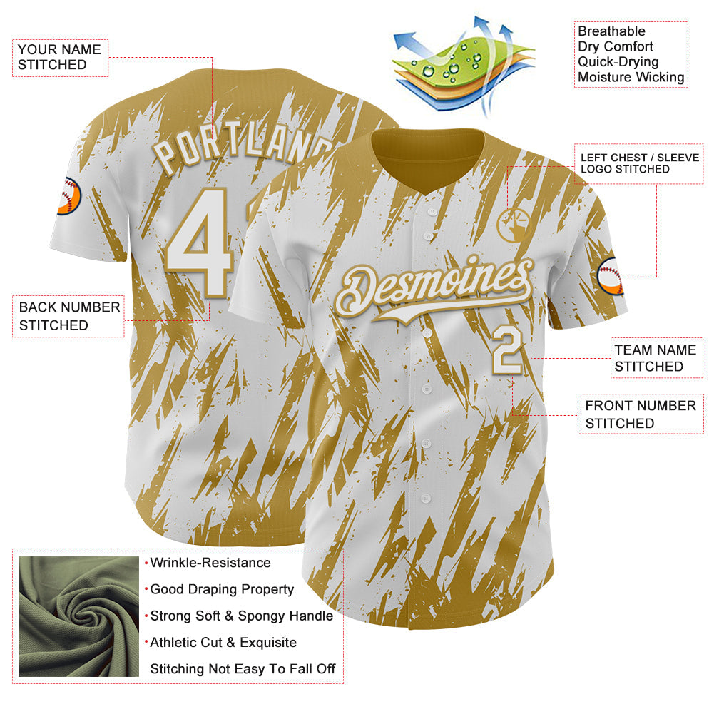 Custom White Old Gold Splatter Torn Sharp Brush Stroke Authentic Baseball Jersey view 3