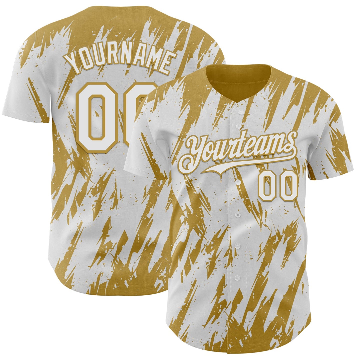 Custom White Old Gold Splatter Torn Sharp Brush Stroke Authentic Baseball Jersey - Main View